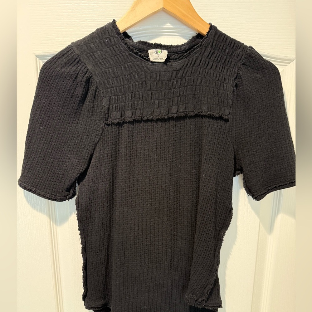 We the Free Free People Black Textured Short-Sleeve Women's Top